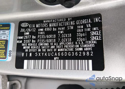 2013 Kia Sorento Ex from USA, damaged, VIN 5XYKUCA66DG362982